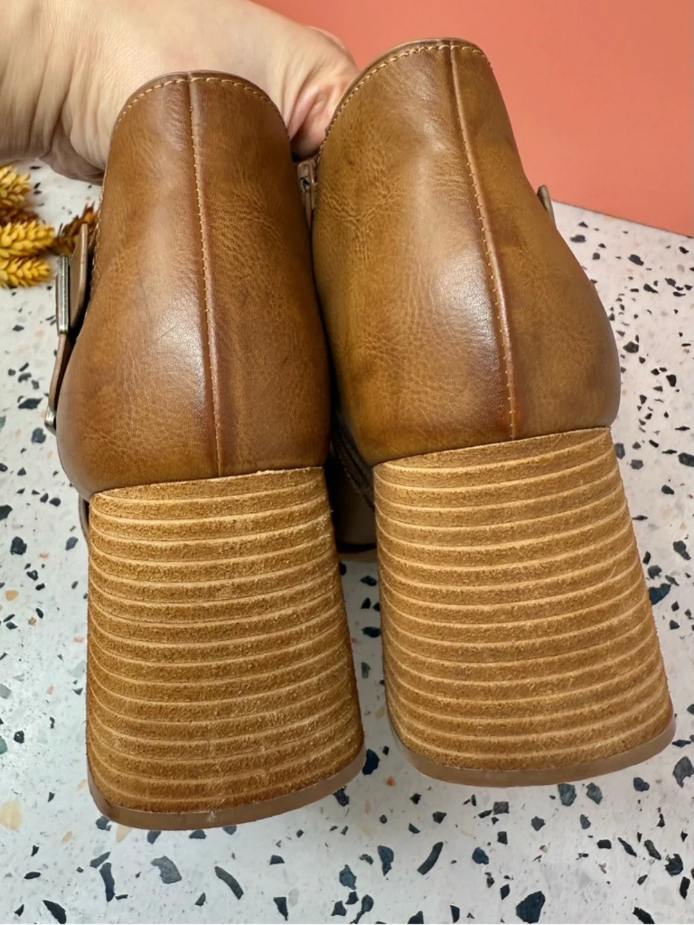 Kork-Ease Panela Tan Cognac Chunky Heel Peep Toe Women’s Booties Sz 10
